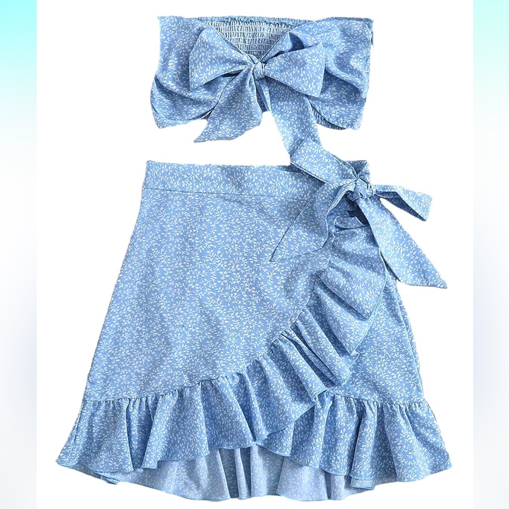 2 pc bandeau crop top and ruffle wrap skirt set, small, baby blue/white 🩵🤍